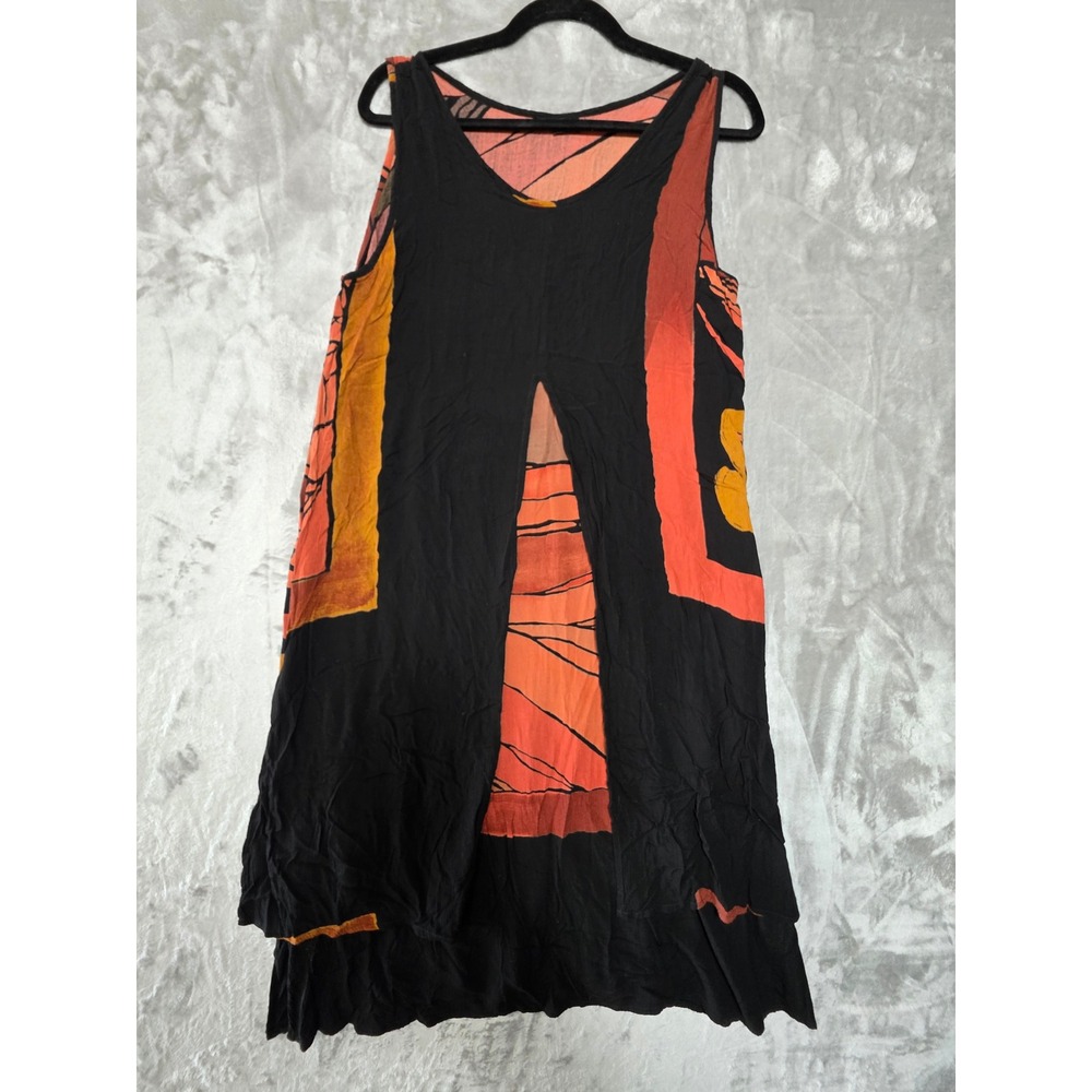 Animale Womens Medium Orange Black Abstract Batik Rayon Sleeveless Midi Dress